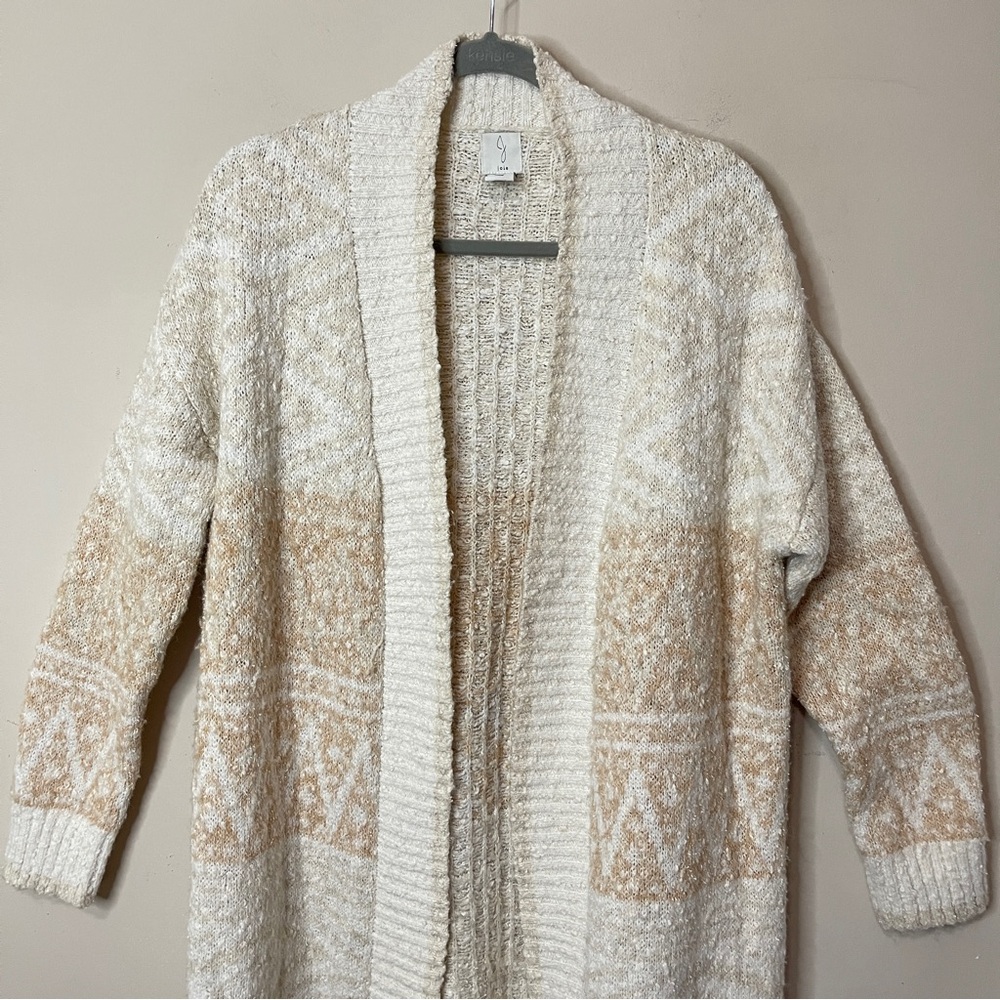❌SOLD❌JOIE Open Front Longline Cardigan Nordic Knit Beige, Large - Picture 3 of 10